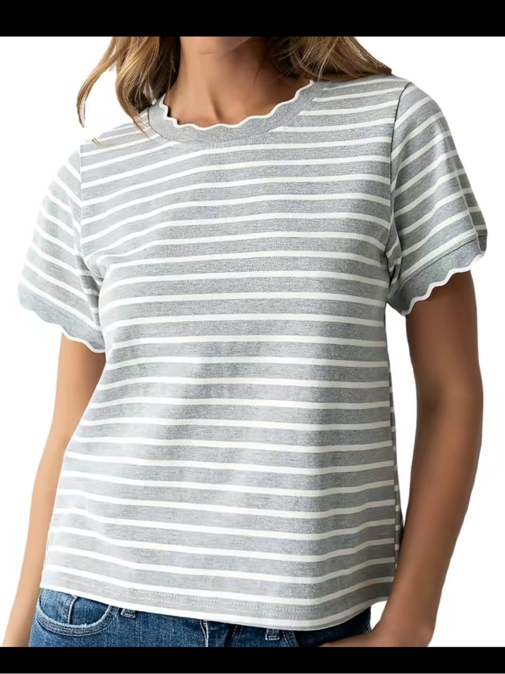 Asvivid Striped Scalloped Trim Round Neck Shirt